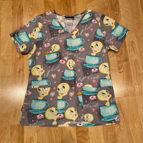Looney Tunes Women's XS "Time For A Tweet" Tweety Bird Scrubs Top - Picture 2 of 4